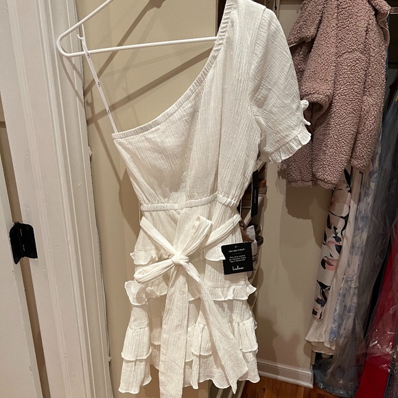 Lulus All the Love White One-Shoulder Tiered Ruffled Mini Dress MEDIUM - Picture 5 of 8